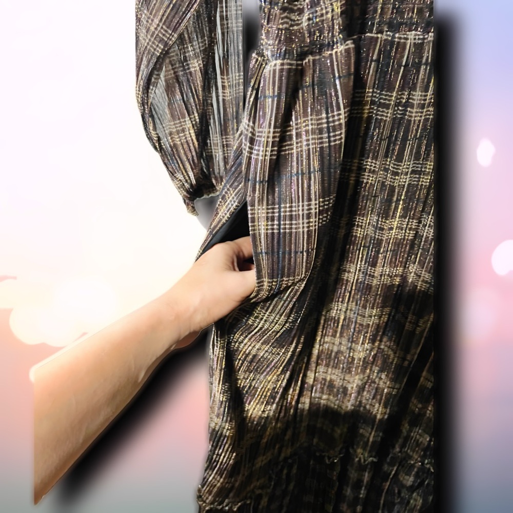 Knox Rose Plaid Metallic Shimmer Peasant Midi Dress Brown Gold Size M Pockets - Picture 4 of 7
